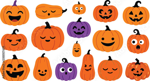 Colorful Hand Drawn Halloween Pumpkin Faces Illustration Set Flat Lay