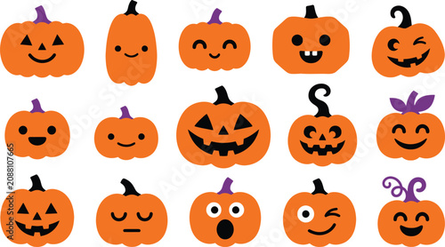 Hand Drawn Halloween Pumpkin Faces Collection Flat Lay Top View