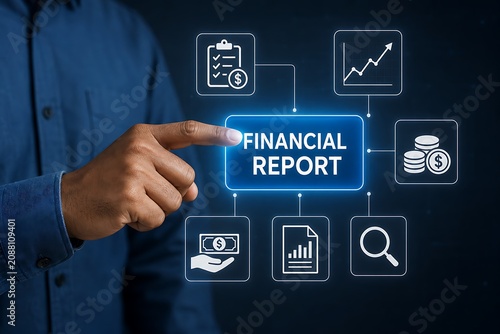 Businessman pointing at glowing financial report concept on dark background