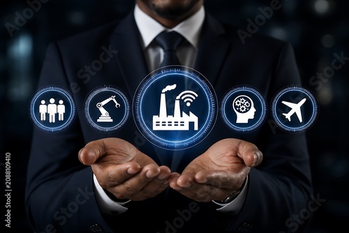 Businessman presenting digital industry and technology concept with holographic icons