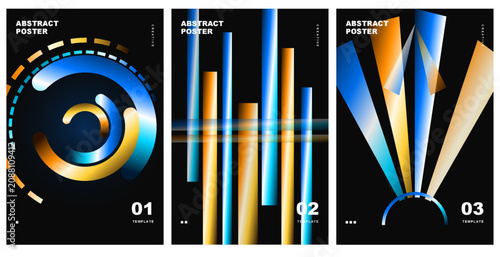 Modern abstract poster set featuring geometric shapes with vibrant blue and gold metallic gradients on black background