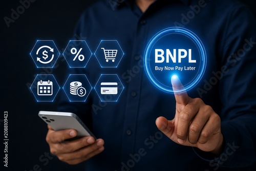 Businessman using smartphone with bnpl buy now pay later payment concept interface