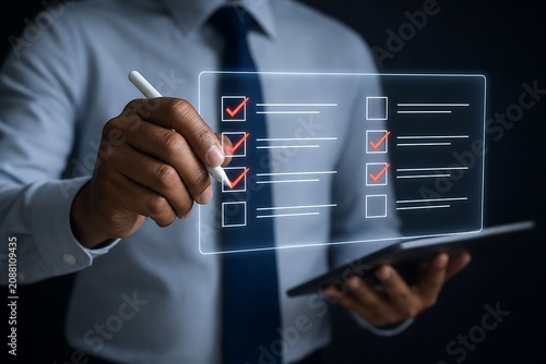 Businessman using digital tablet with checklist interface for task management