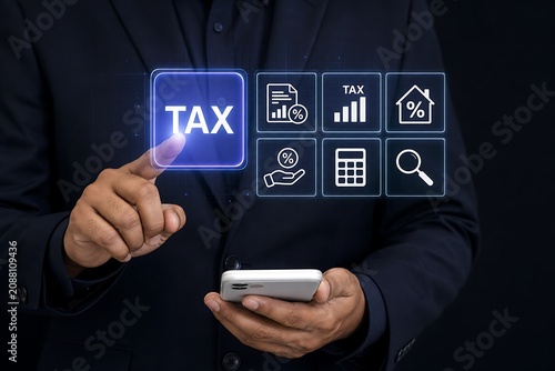 Businessman using smartphone with glowing tax and financial icons concept