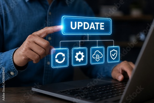 Businessman pointing at glowing update button on laptop with software icons