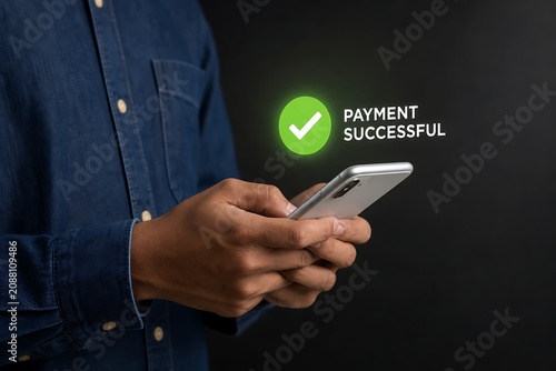 Hands holding smartphone with successful payment notification on dark background