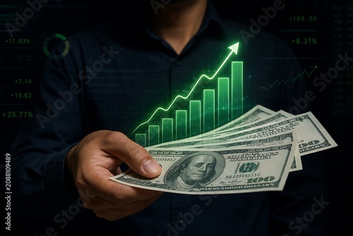 Hands holding dollar bills with glowing green stock market growth chart overlay