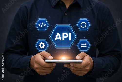 Hands holding smartphone with glowing api development icons and hexagonal design