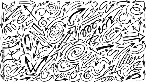 Hand drawn arrows in various directions on white background