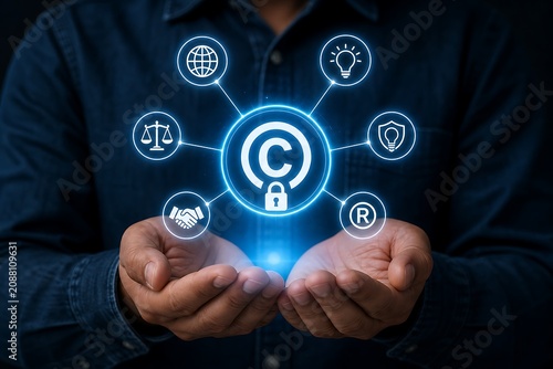 Businessman holding glowing copyright symbol with icons of law, security, and protection
