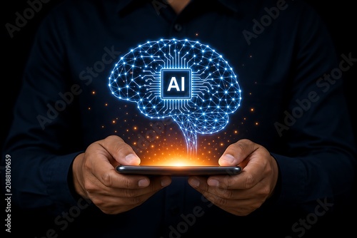Hands holding smartphone with glowing ai brain hologram and circuit board design