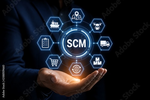 Business person holding holographic scm supply chain management concept