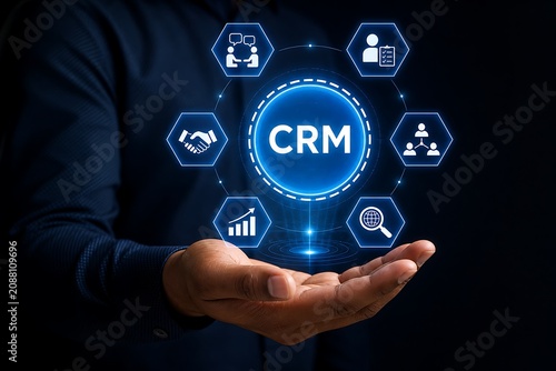 Business professional holding glowing crm customer relationship management hologram