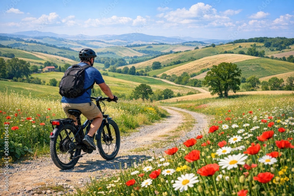 Fototapeta premium A man rides a bike down a dirt road, surrounded by nature
