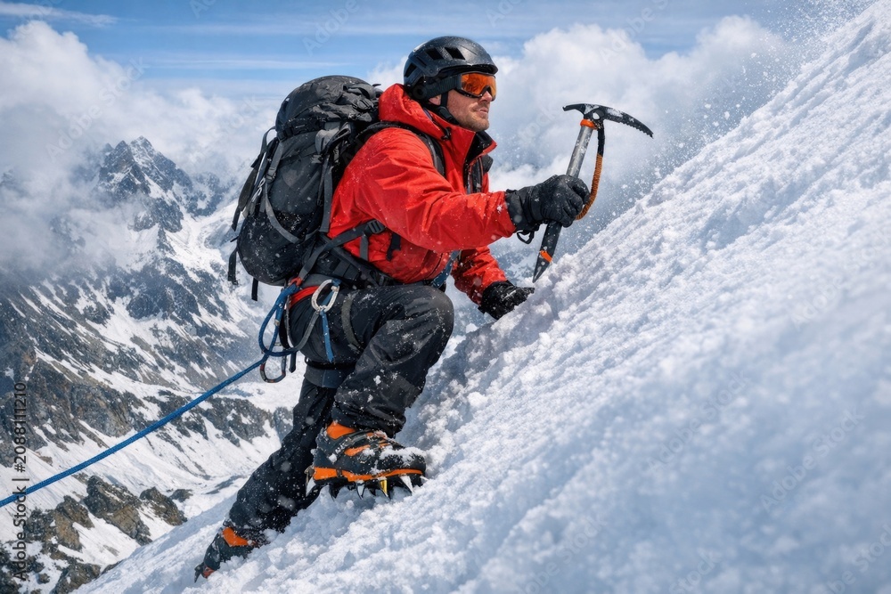 Fototapeta premium A person ascending a snowy peak with determination and focus