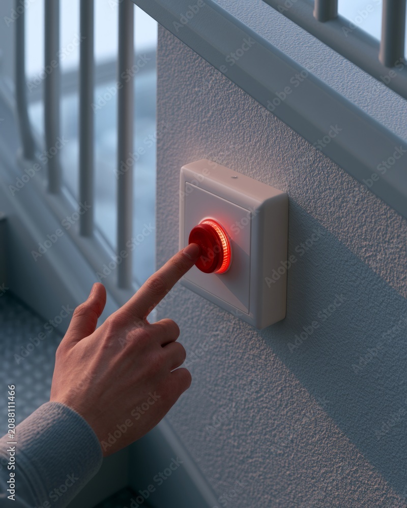 Naklejka premium Hand Pressing Emergency Light Test Button on Wall Unit in Stairwell