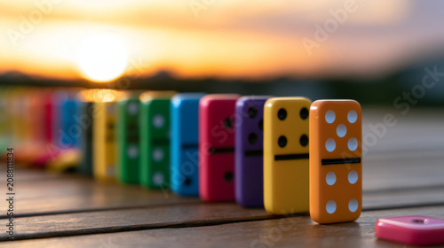 Surreal colorful domino pieces create silly business scene on wooden table at sunset with playful mood and vibrant hues in outdoor setting