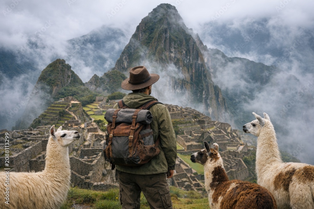 Fototapeta premium A person standing next to a group of llamas, great for farm or zoo-related use