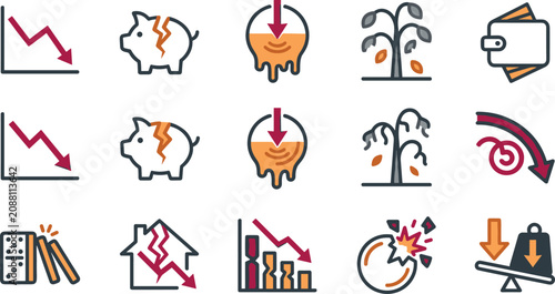Business decline and failure vector icon set featuring loss charts, bankruptcy, crisis, dead plants, broken assets, and recession symbols