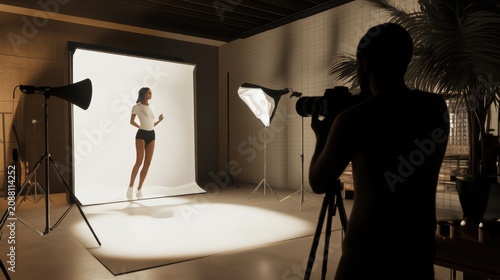 Professional photographer captures images of a female model posing in a brightly lit  setting.