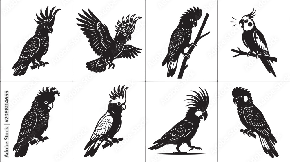 Obraz premium Cockatoo silhouettes, black bird illustrations, parrot vector icons, 8 animal graphics isolated on Transparent Background