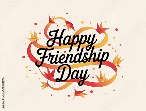 Happy friendship day typography with origami hearts and confetti