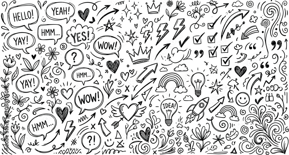 Fototapeta premium Doodle art doodles set with speech bubbles hearts stars and arrows on white background for creative projects and presentations
