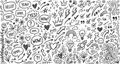 Doodle art doodles set with speech bubbles hearts stars and arrows on white background for creative projects and presentations