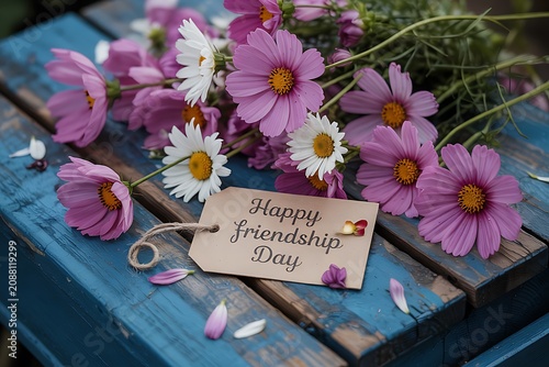 Happy friendship day floral bouquet on blue wooden table