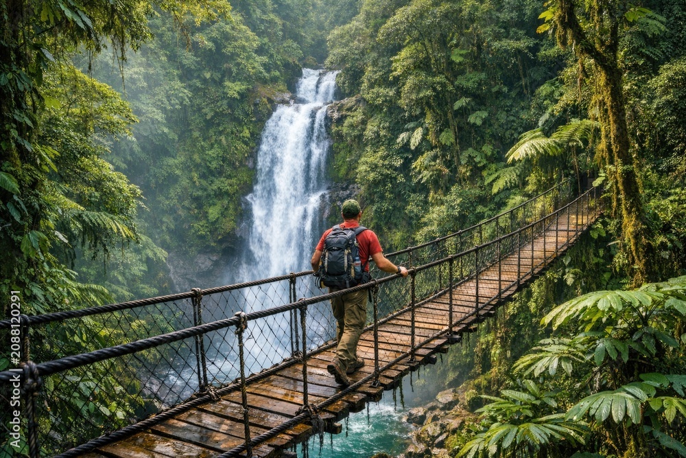 Obraz premium A person standing on a suspension bridge with a stunning waterfall in the background, great for outdoor adventure or travel themes