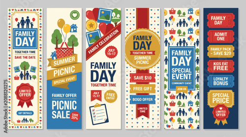 Family Day vertical banner set, summer picnic event flyers with flat icons, community celebration promotional posters for social gatherings