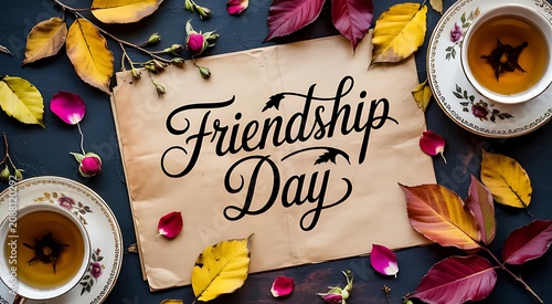 Friendship day celebration with tea and autumn leaves flatlay