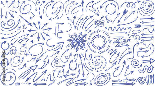 Hand drawn arrow set collection blue sketch style directional indicators for presentations