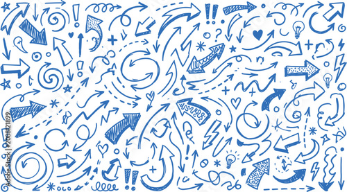 Hand drawn blue doodle set with arrows symbols and icons for creative projects