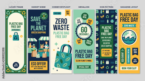 Zero waste plastic bag free day vertical banner set, eco friendly green shopping posters, sustainable environment marketing flyers