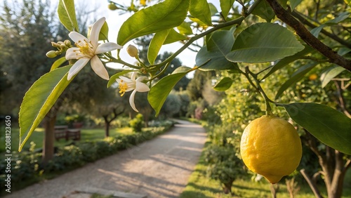 Beautiful Lemon Tree with Yellow Ripe Fruits and White Blossoms in Sunny Garden