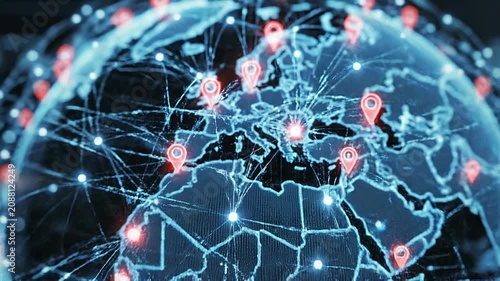 Digital map of Europe with glowing location markers and network connections highlighting global communication