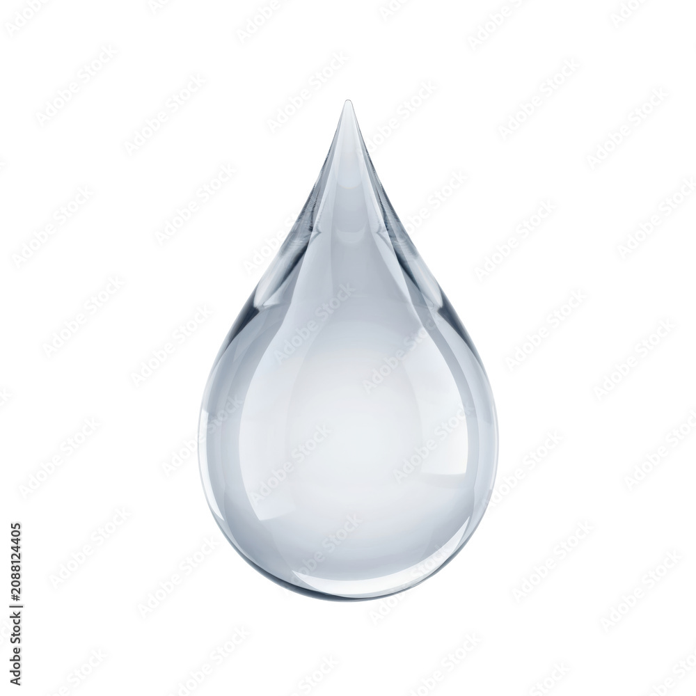 Obraz premium A single, clear, transparent water drop falling downwards, captured with detail on a plain white background, liquid concept