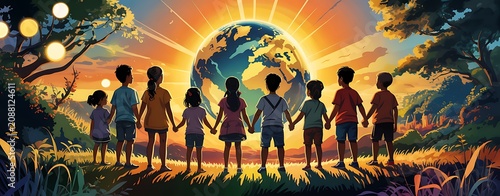 Children holding hands gazing at earth with sunset and trees