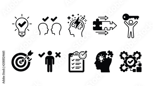Black and white line icons set for business solutions and strategy concepts  management and productivity symbols  flat design style