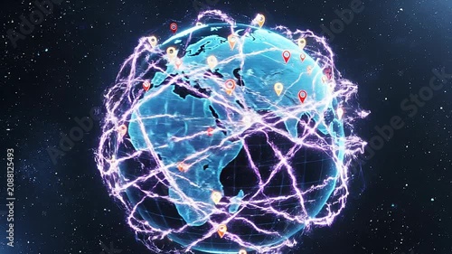 Digital global map with glowing location markers and electric energy lines illustrating data connections and network technology