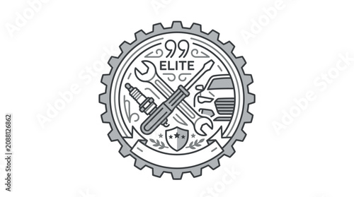 Schilderij op canvas Sleek Monochromatic Gear Shaped Logo Featuring Elite Tools Wrenches Screwdriver