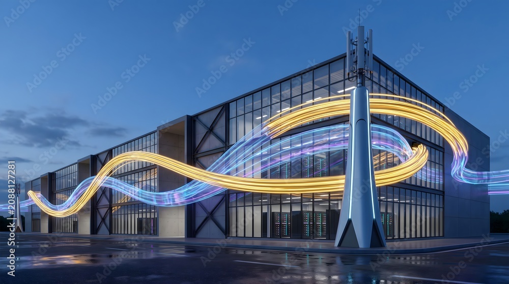 Fototapeta premium Secure Telecommunications Infrastructure with Fiber Optic Communication Tower