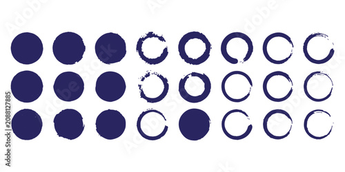 Set of dark blue hand drawn ink circles and brush stroke rings