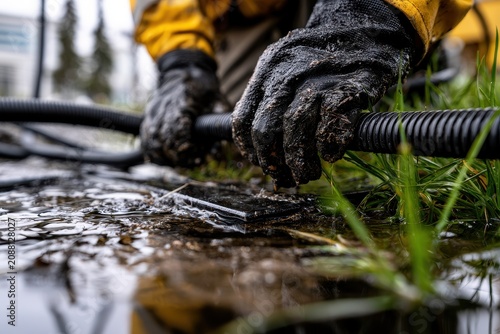 Worker in gloves installs a utility conduit. Field work concept.