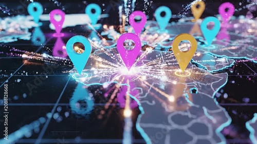 Digital world map with colorful location markers and glowing data points representing global connections