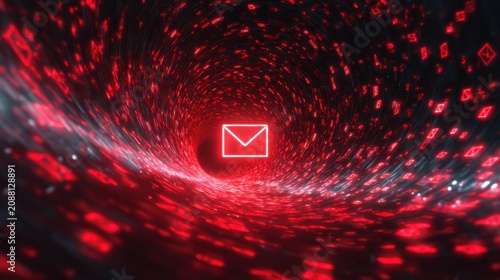Single glowing email envelope surrounded by thousands of tiny red spam notifications spiraling through a futuristic digital tunnel, phishing