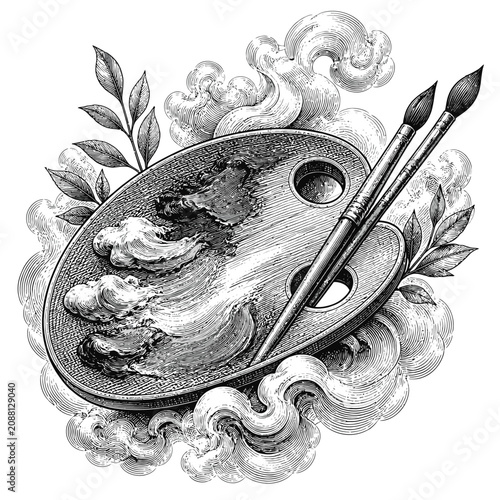 Artistic wooden palette with paint brushes and decorative floral elements.