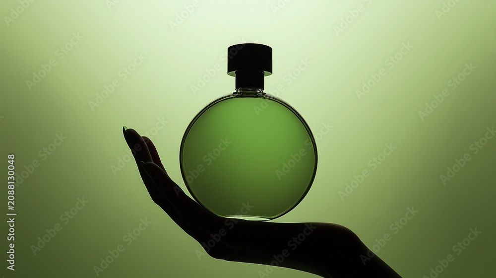 Obraz premium Elegant Silhouette of a Woman Holding a Round Green Perfume Bottle Against a Soft Gradient Background, Professional Studio Product Photography Concept for Luxury Beauty and Fragrance Advertising