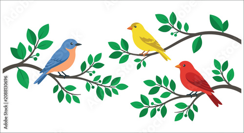 Cuadro en lienzo Colorful birds on a branch flat vector illustration on a white background avian